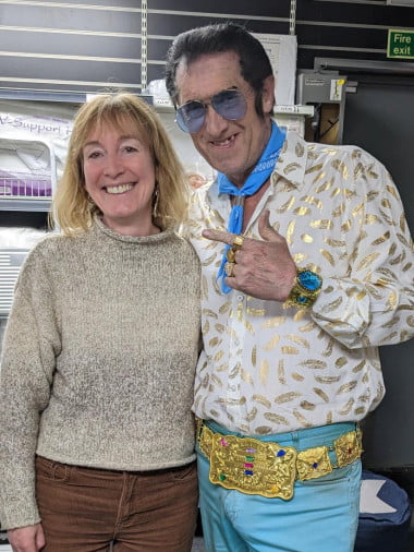 Kate and Elvis impersonator in the famous NE shop, The Spotty Bag Shop