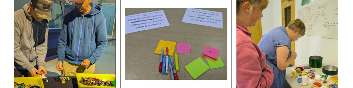 Three images of creativity at work, lego, post it notes and a selection of random items