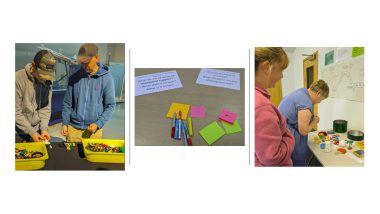 Three images of creativity at work, lego, post it notes and a selection of random items